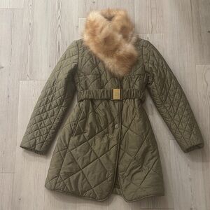Olive Quilted Coat with Faux Fur Collar